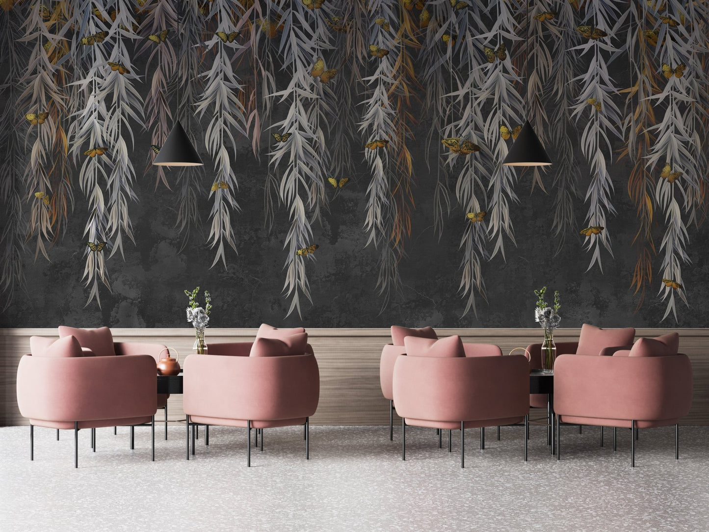 Cafe interior showing pink chairs and botanical leaves wall mural.