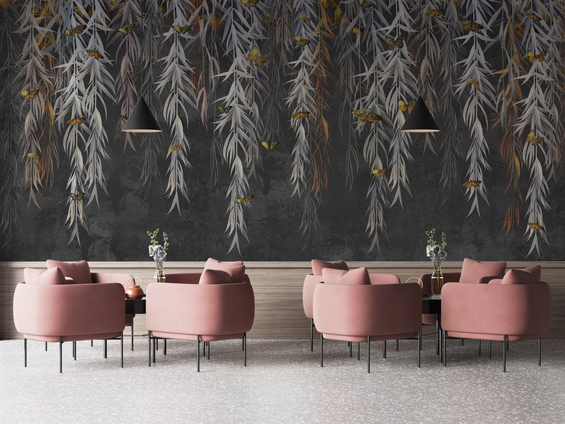 Cafe interior showing pink chairs and botanical leaves wall mural.