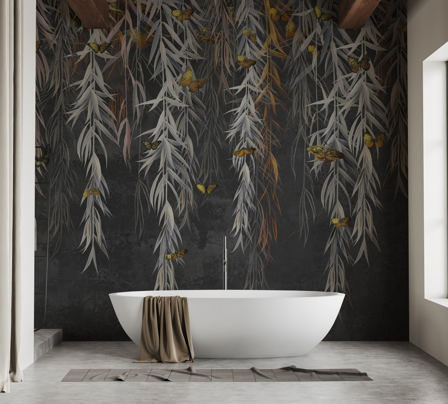 Bathroom with white bathtub against dark leaves wall mural.