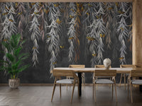 Dining room with hanging leaves wall mural and wooden furniture.