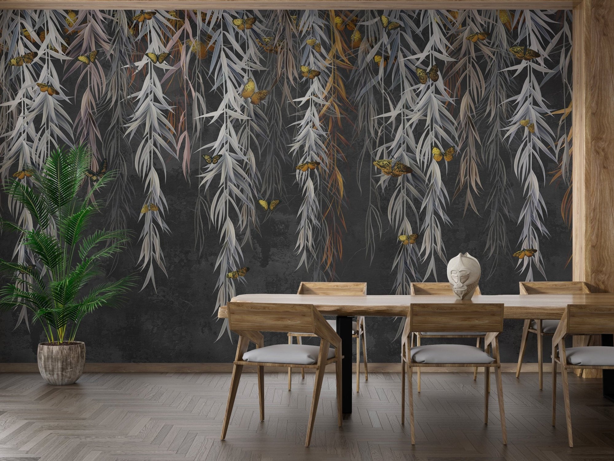 Dining room with hanging leaves wall mural and wooden furniture.