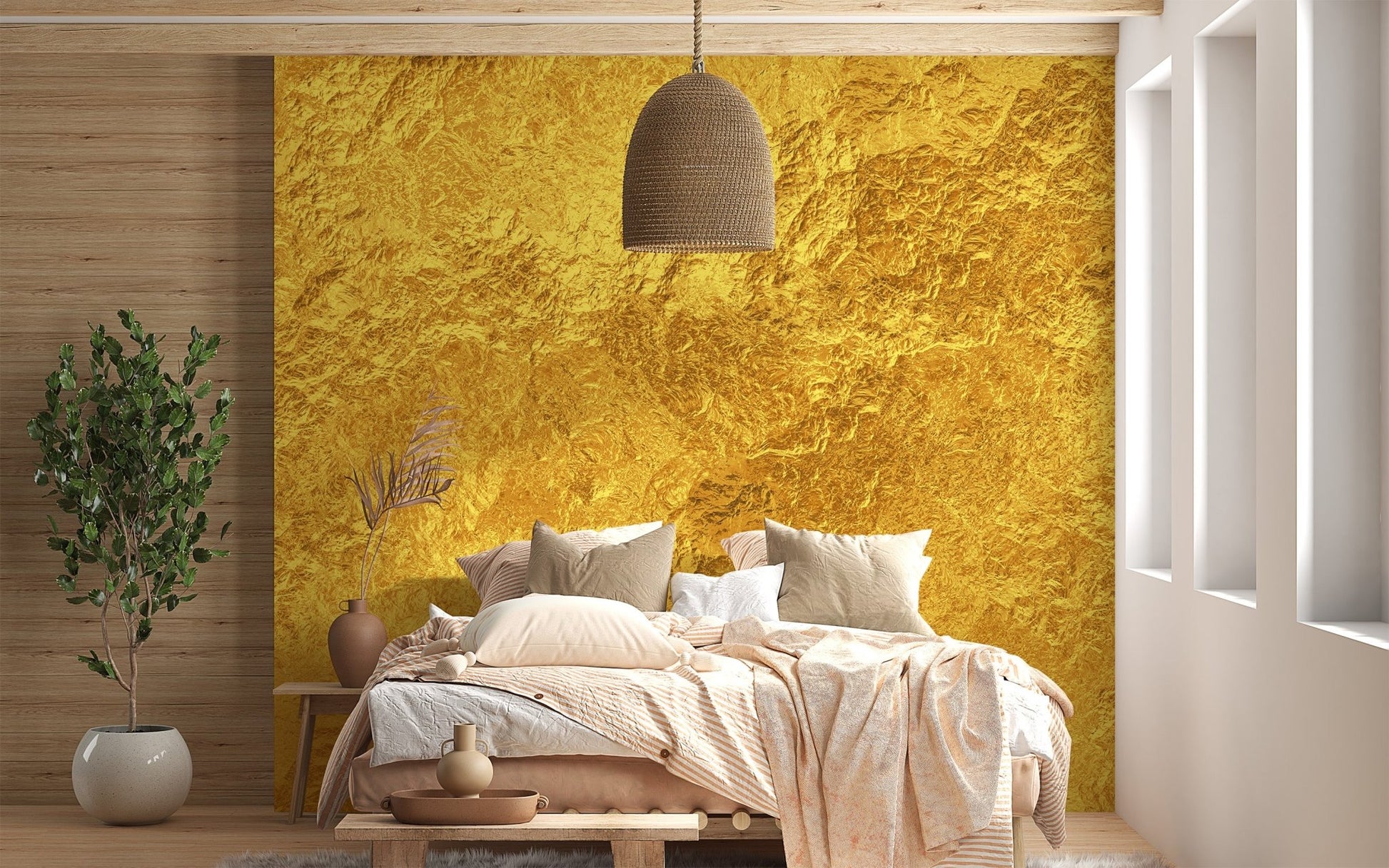 Golden sheen wallpaper mural in warm yellow tone.
