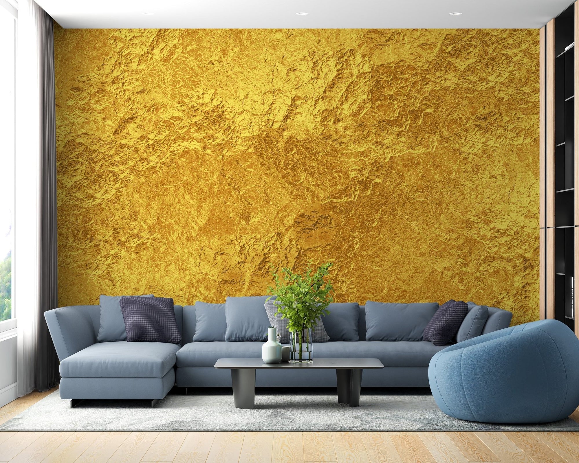 Abstract metallic gold wall mural with layered finish.