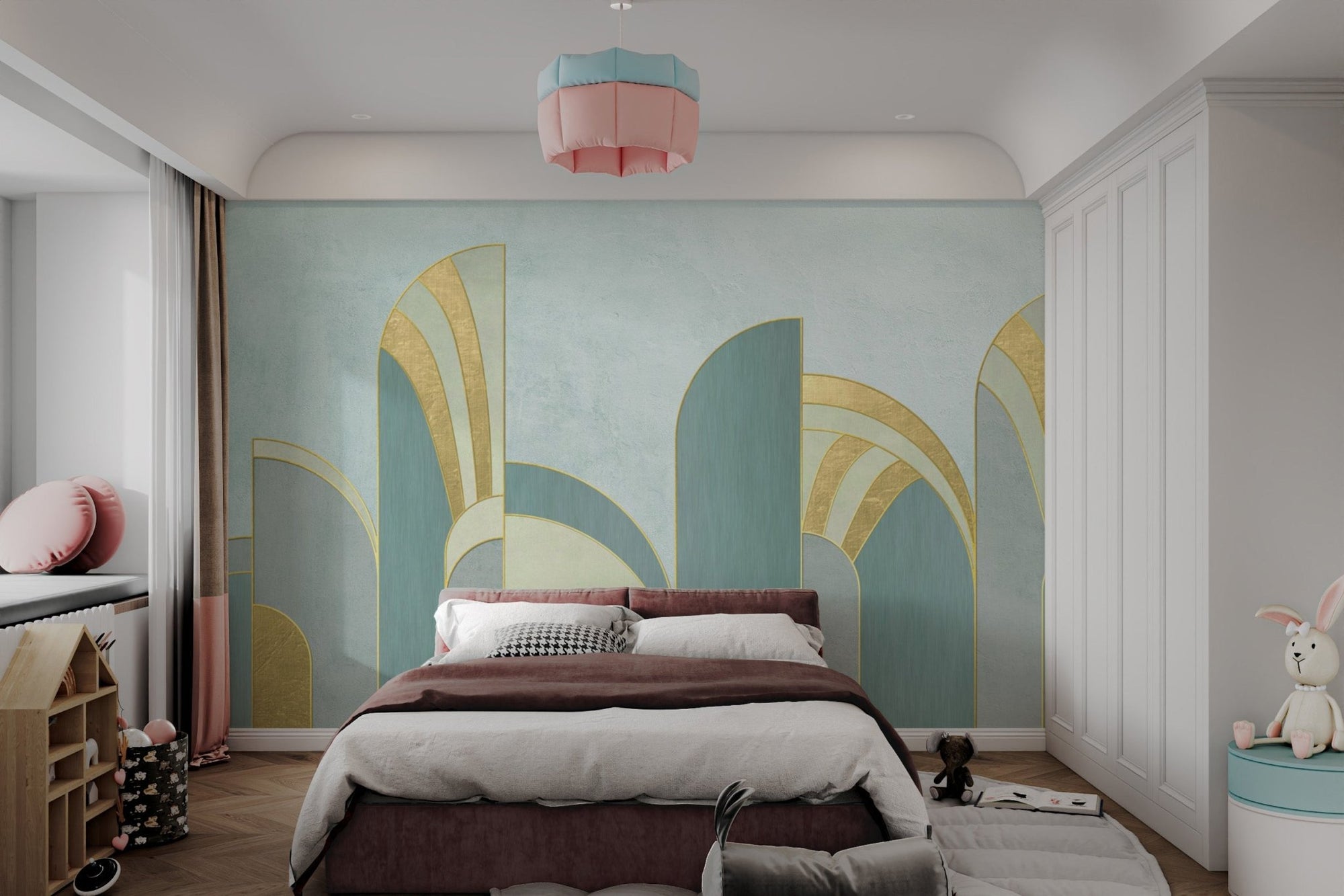 Art deco wall mural featuring metallic gold accents.