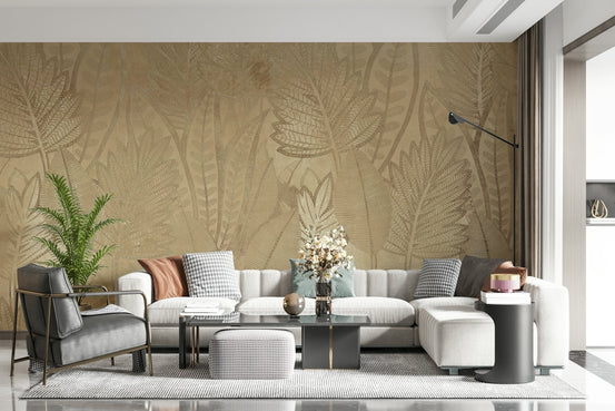 Minimalist guest room Golden leaves Wall Mural