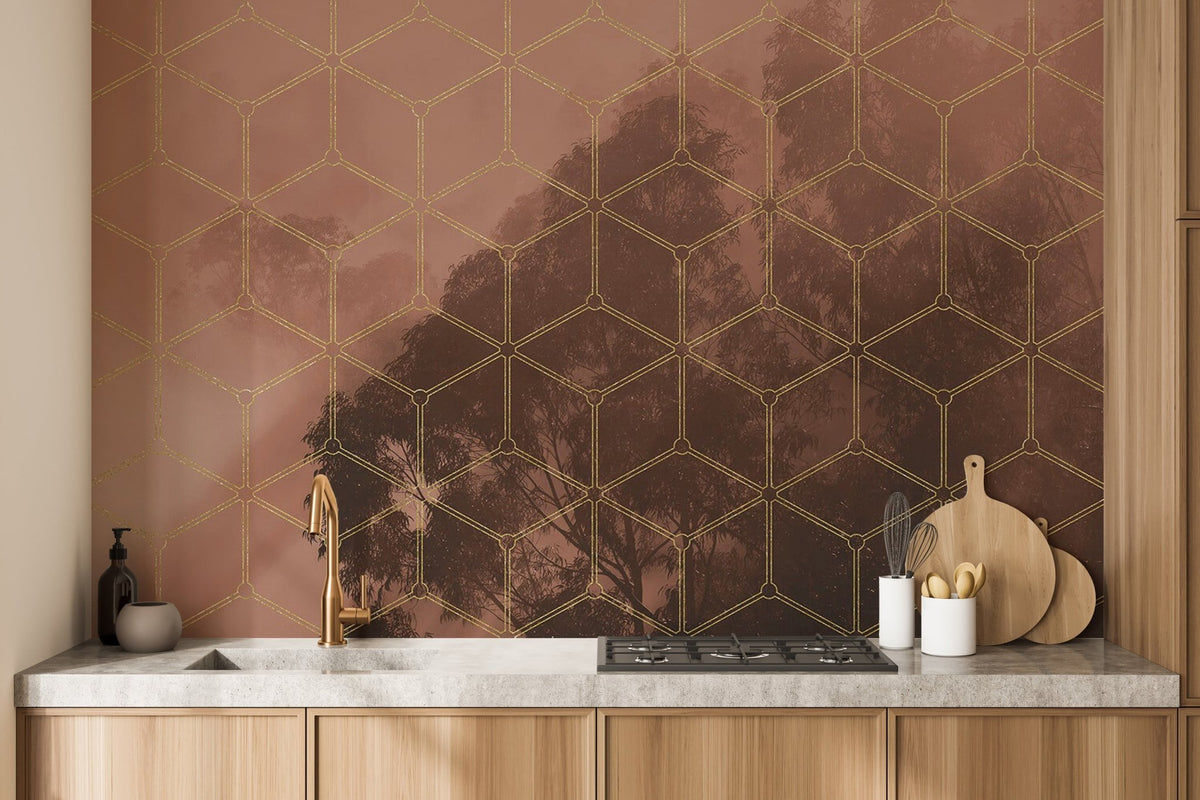Golden geometric forest wall mural with misty trees and gold hexagon lines wallpaper.