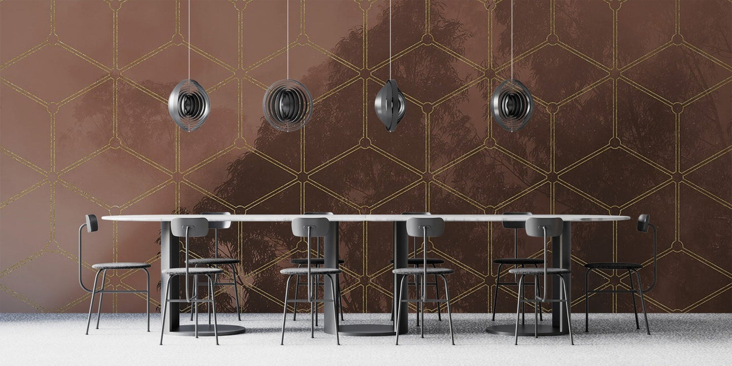 Golden Geometric Forest Wall Mural - Wallanza