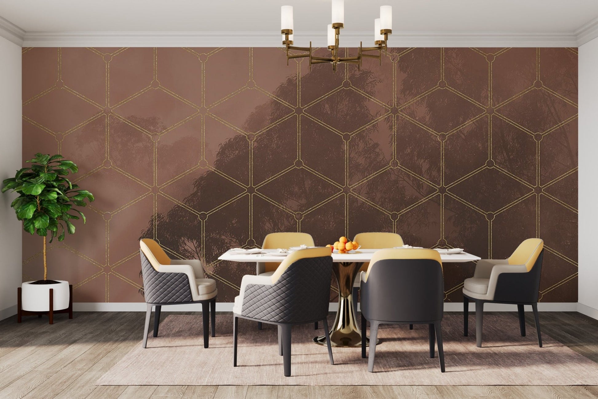 Golden Geometric Forest Wall Mural - Wallanza