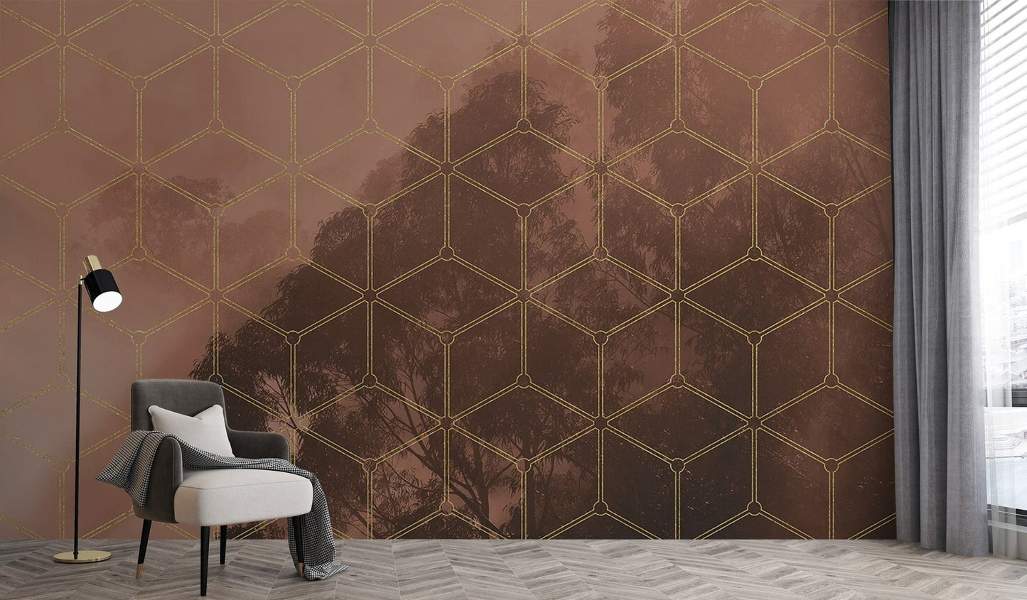 Golden Geometric Forest Wall Mural - Wallanza