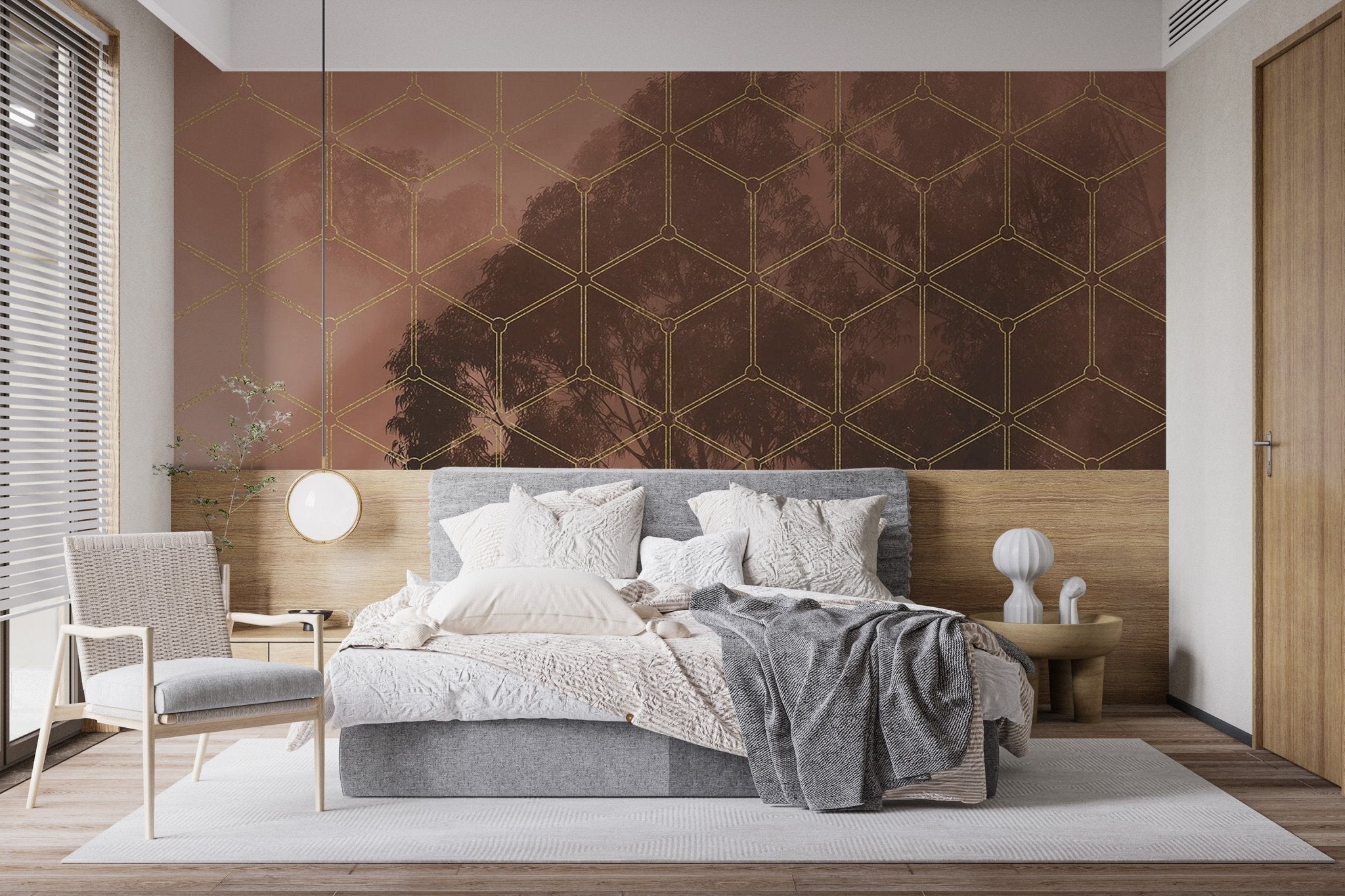 Golden geometric forest wall mural in warm earth tones for wall decor wallpaper.