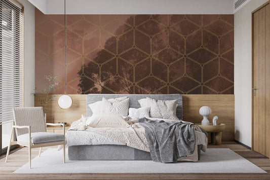 Golden geometric forest wall mural in warm earth tones for wall decor wallpaper.