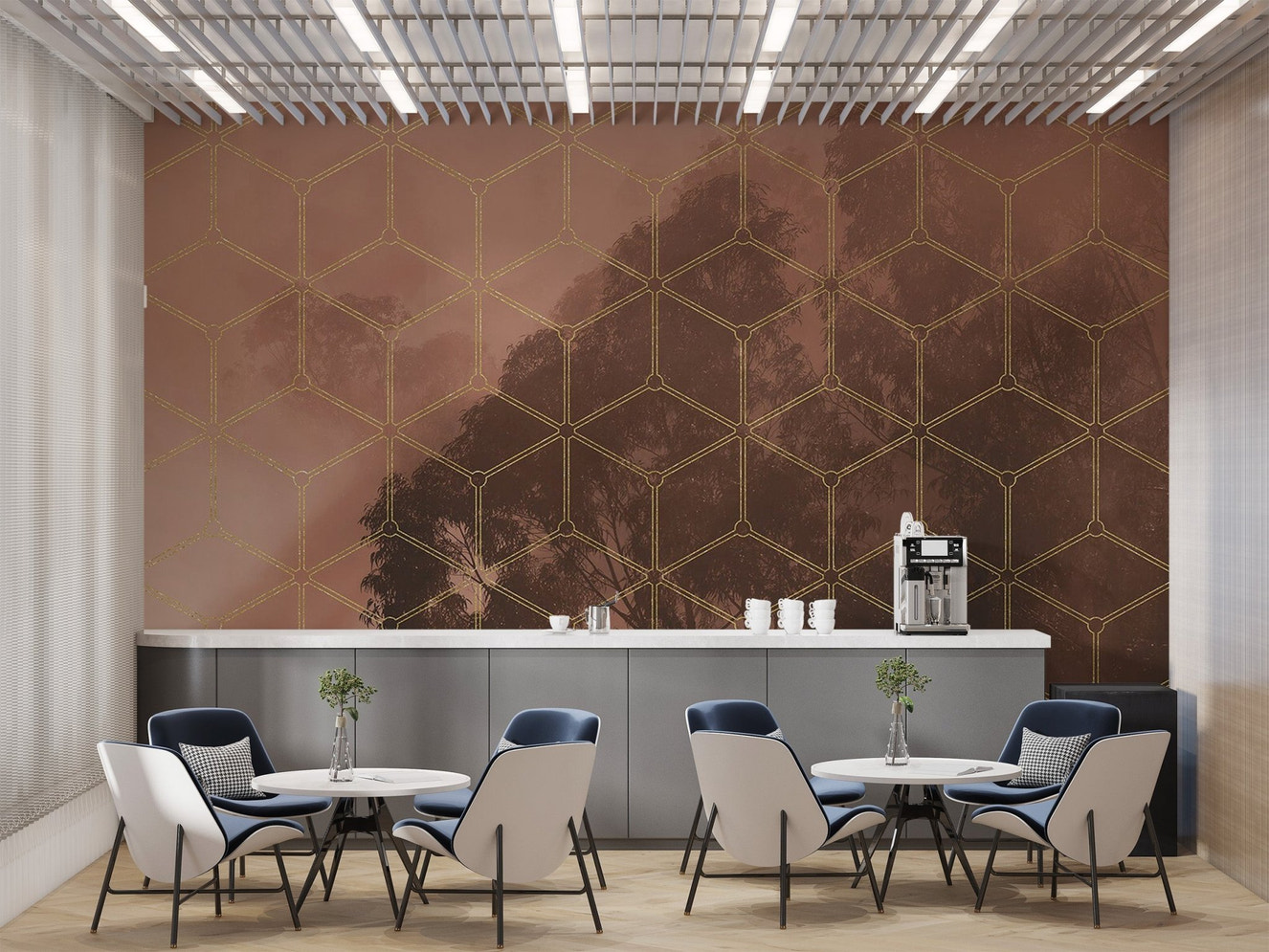 Golden Geometric Forest Wall Mural - Wallanza