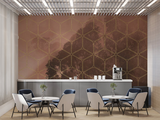 Sepia toned woodland landscape with metallic geometric overlay wall mural.