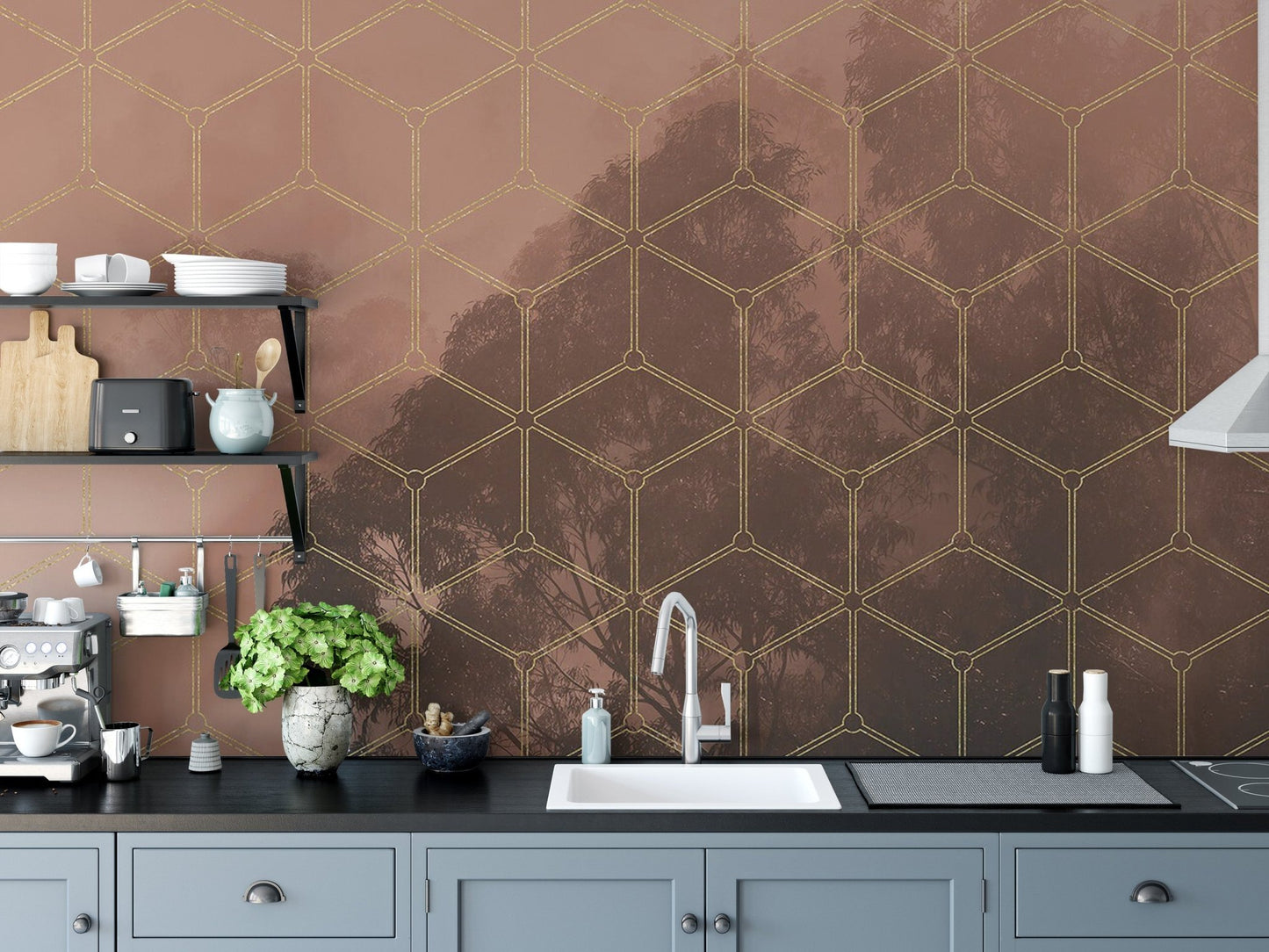 Golden Geometric Forest Wall Mural - Wallanza