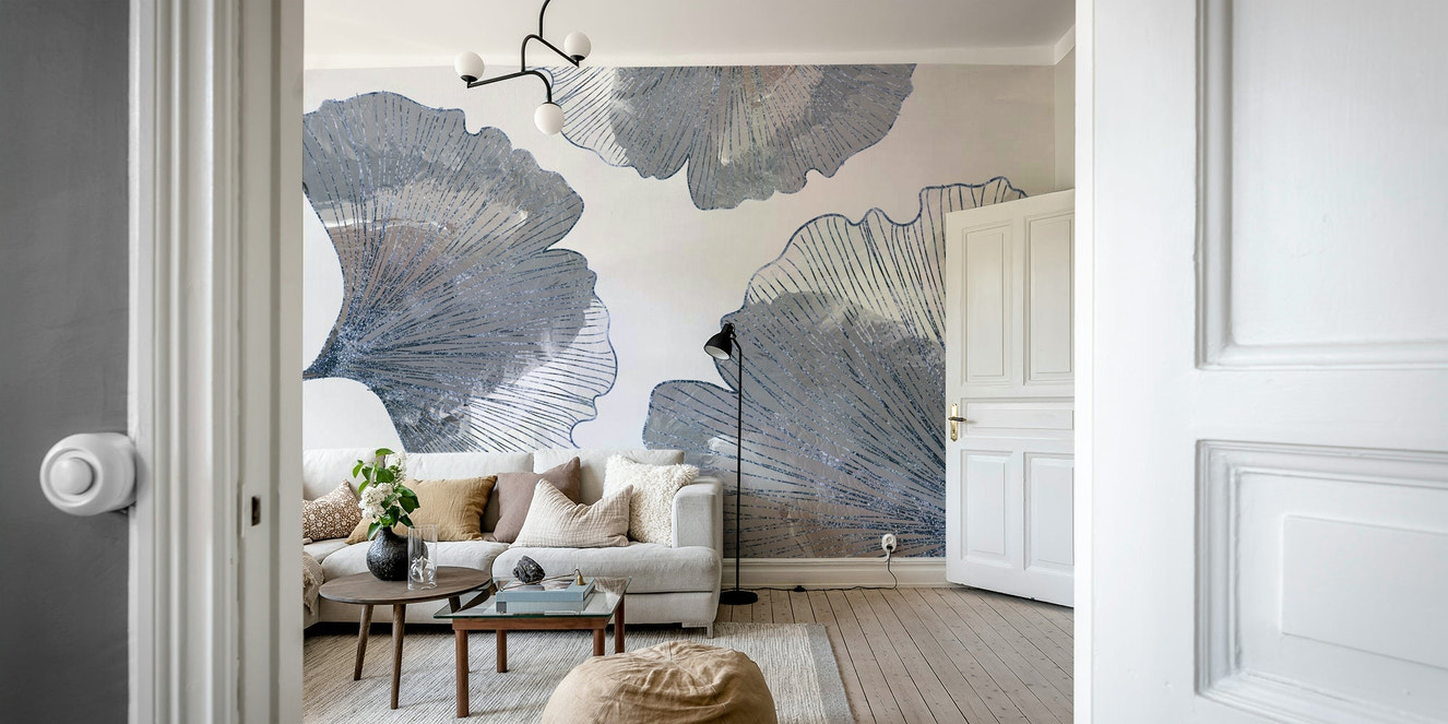 Golden Ginkgo Leaf Blue Wall Mural in living room