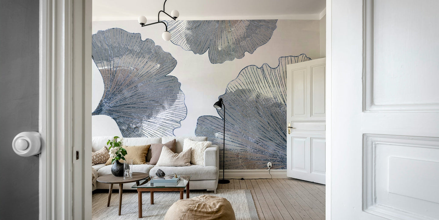 Golden Ginkgo Leaf Blue Wall Mural in living room