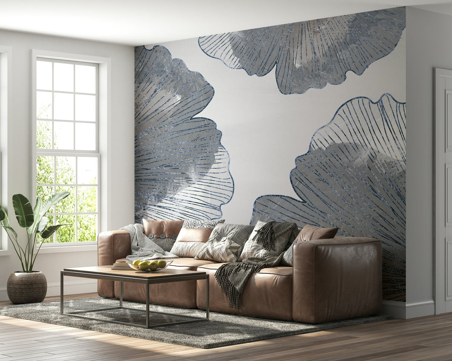 Detailed ginkgo leaf art in a contemporary room