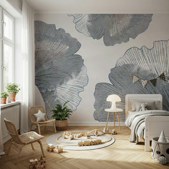 Golden Ginkgo Leaf Blue Wall Mural in a serene nursery