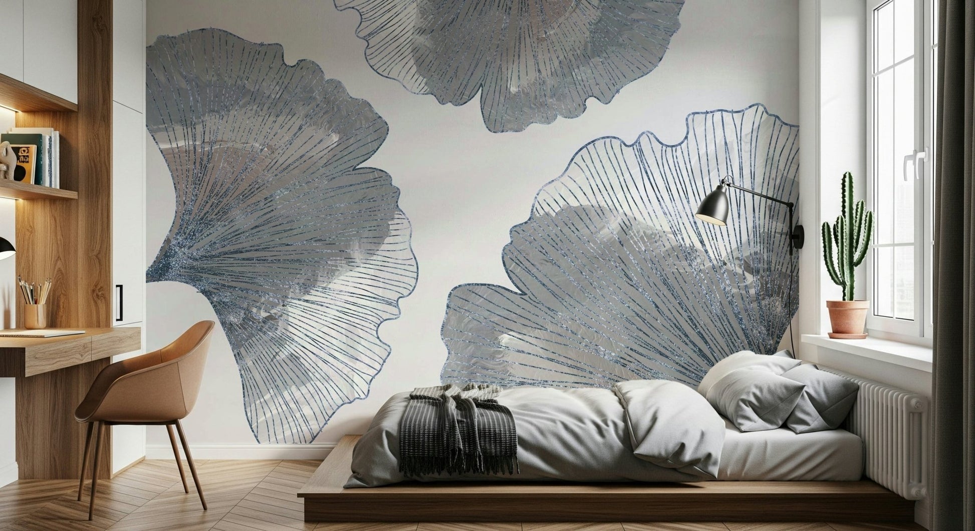 Golden Ginkgo Leaf Blue Wall Mural in home study