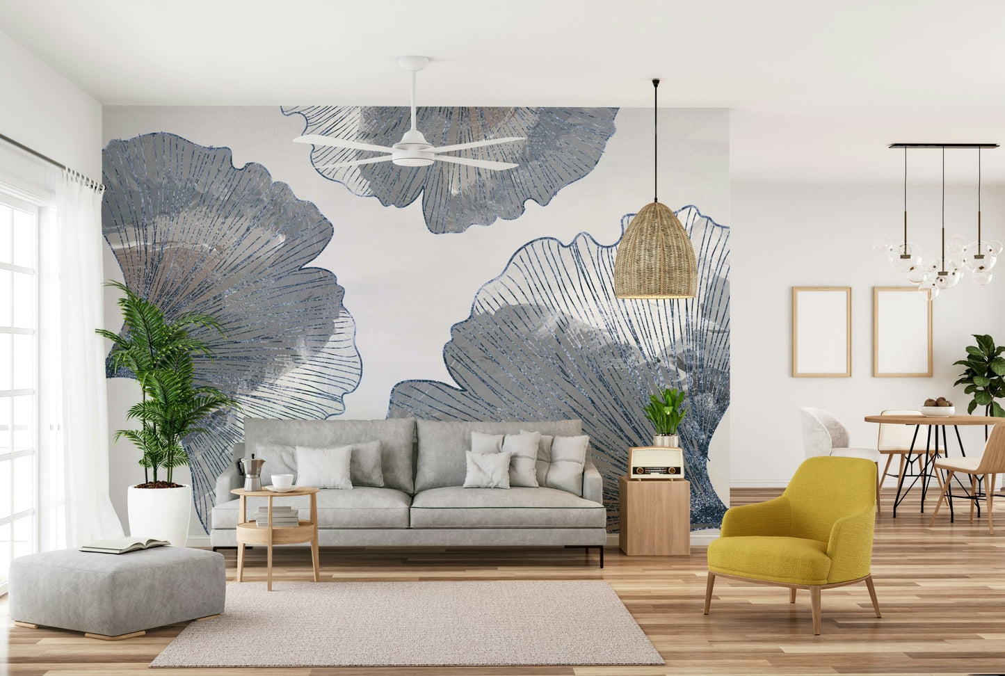 Dark blue and gold wall decor in a hallway