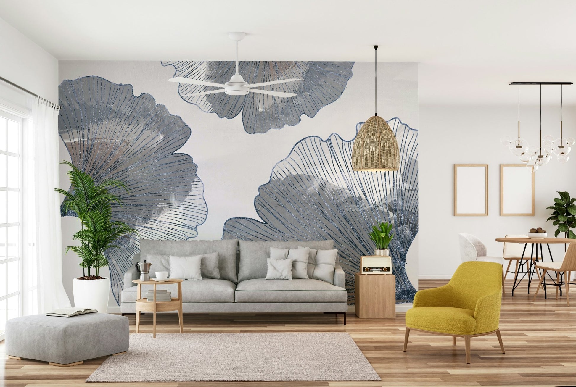 Dark blue and gold wall decor in a hallway