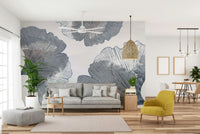 Dark blue and gold wall decor in a hallway