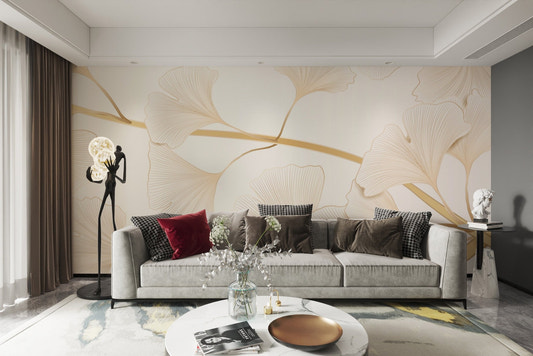Minimalist fan shaped leaves in gold and beige for a luxury wall mural.