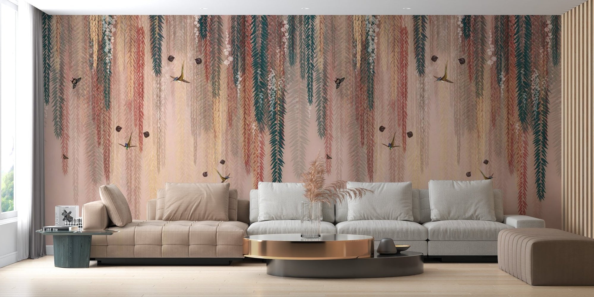 Golden glow wisteria wallpaper mural with cascading yellow and green leaves wallpaper.
