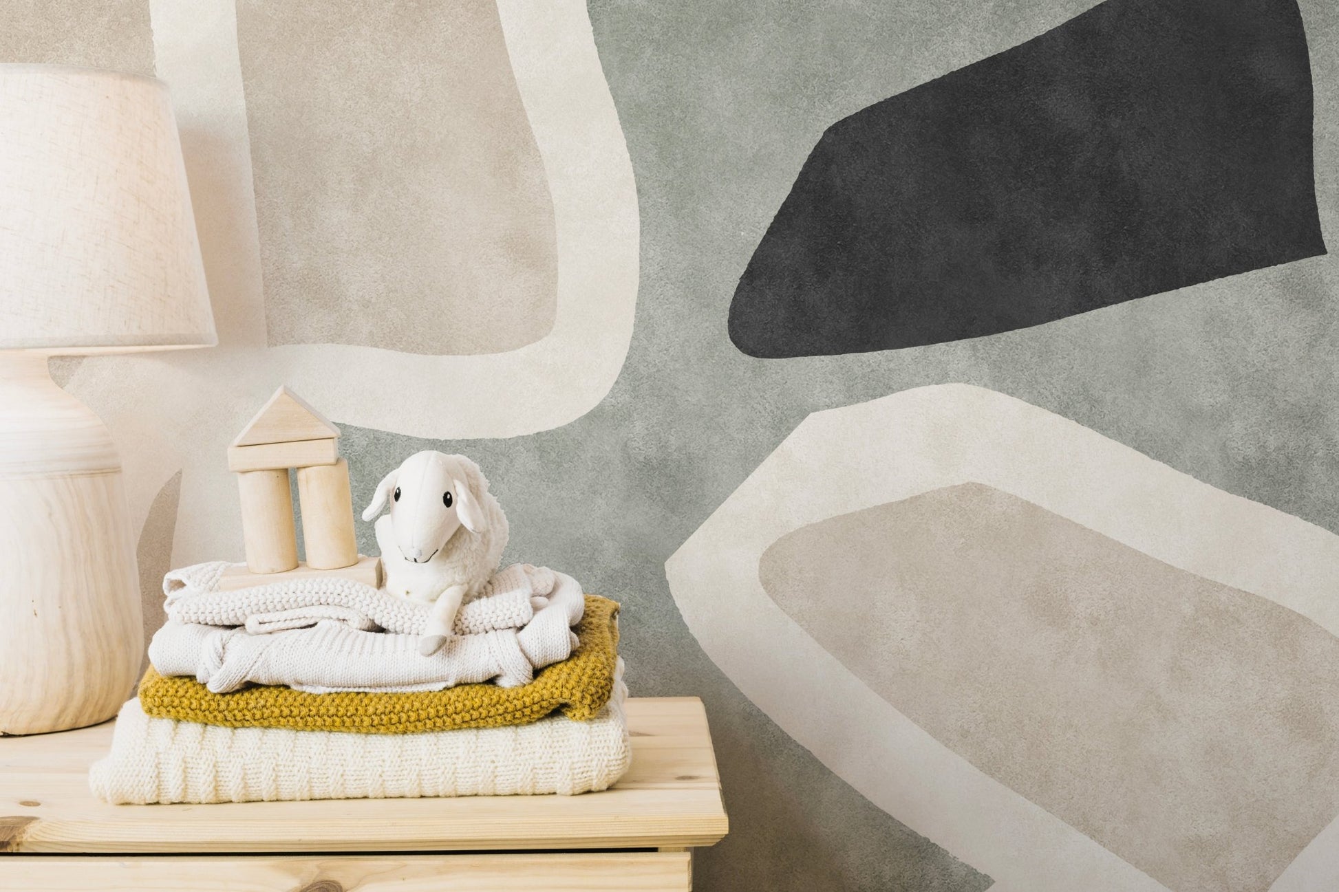 Textured abstract wall mural in earthy neutral color palette.