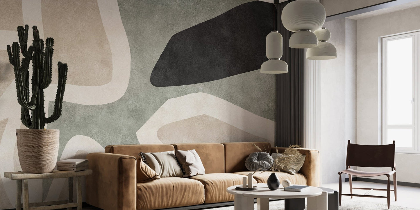Artistic abstract wall mural with flowing cream line details in living room.