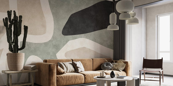 Artistic abstract wall mural with flowing cream line details in living room.