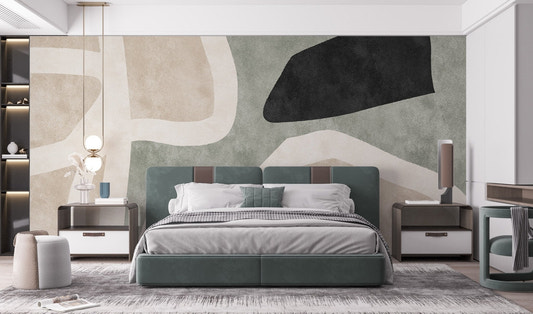 Golden hues abstract mural wallpaper in beige and sage color tones for bedroom interior.