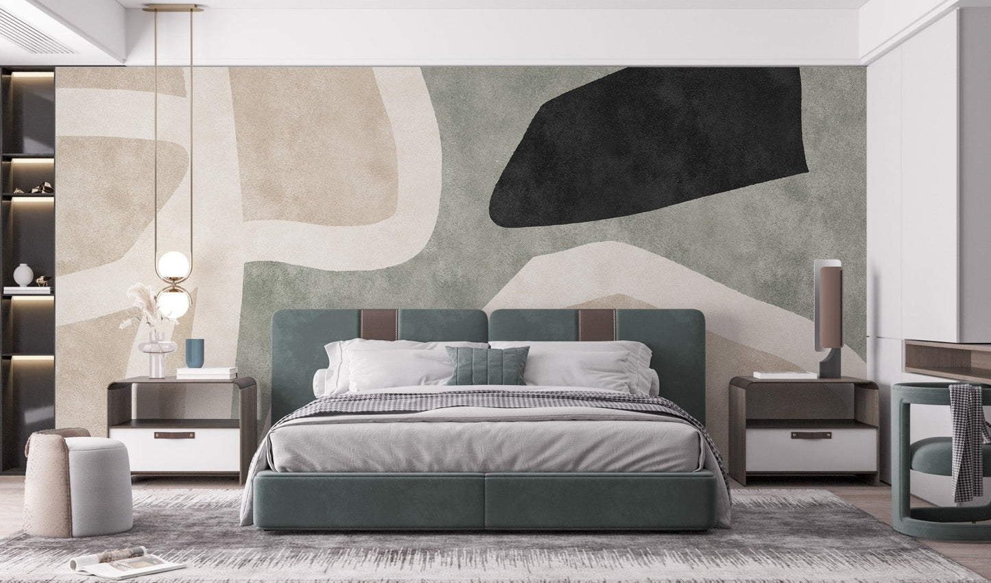 Golden hues abstract mural wallpaper in beige and sage color tones for bedroom interior.