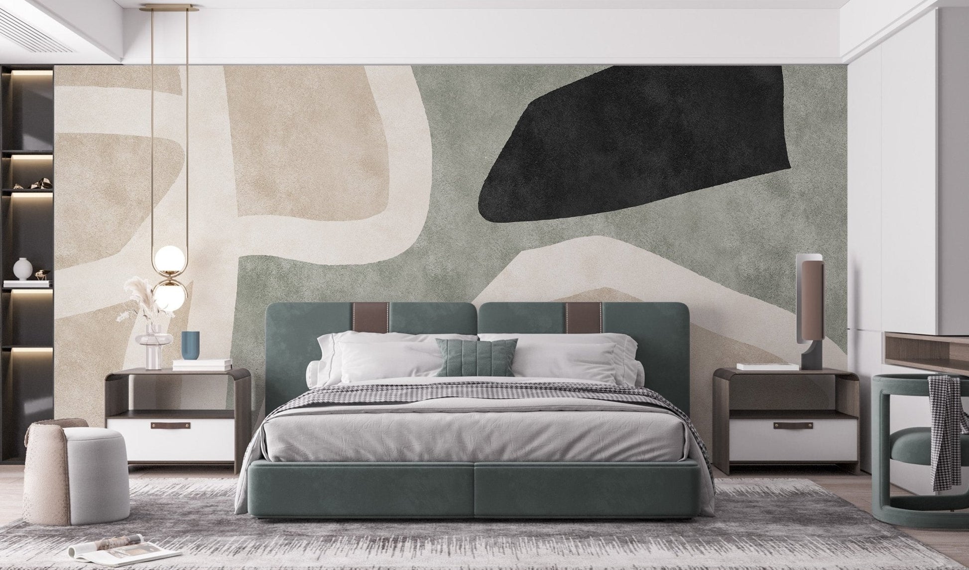 Golden hues abstract mural wallpaper in beige and sage color tones for bedroom interior.