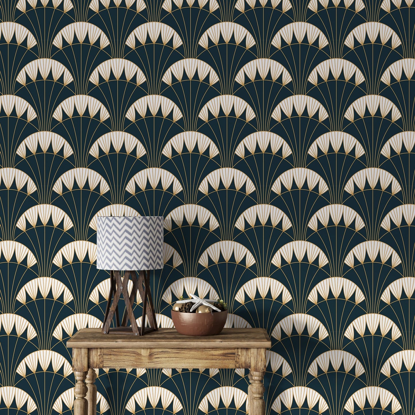 Modern room decor using Art Deco green wallpaper as a focal headboard wall