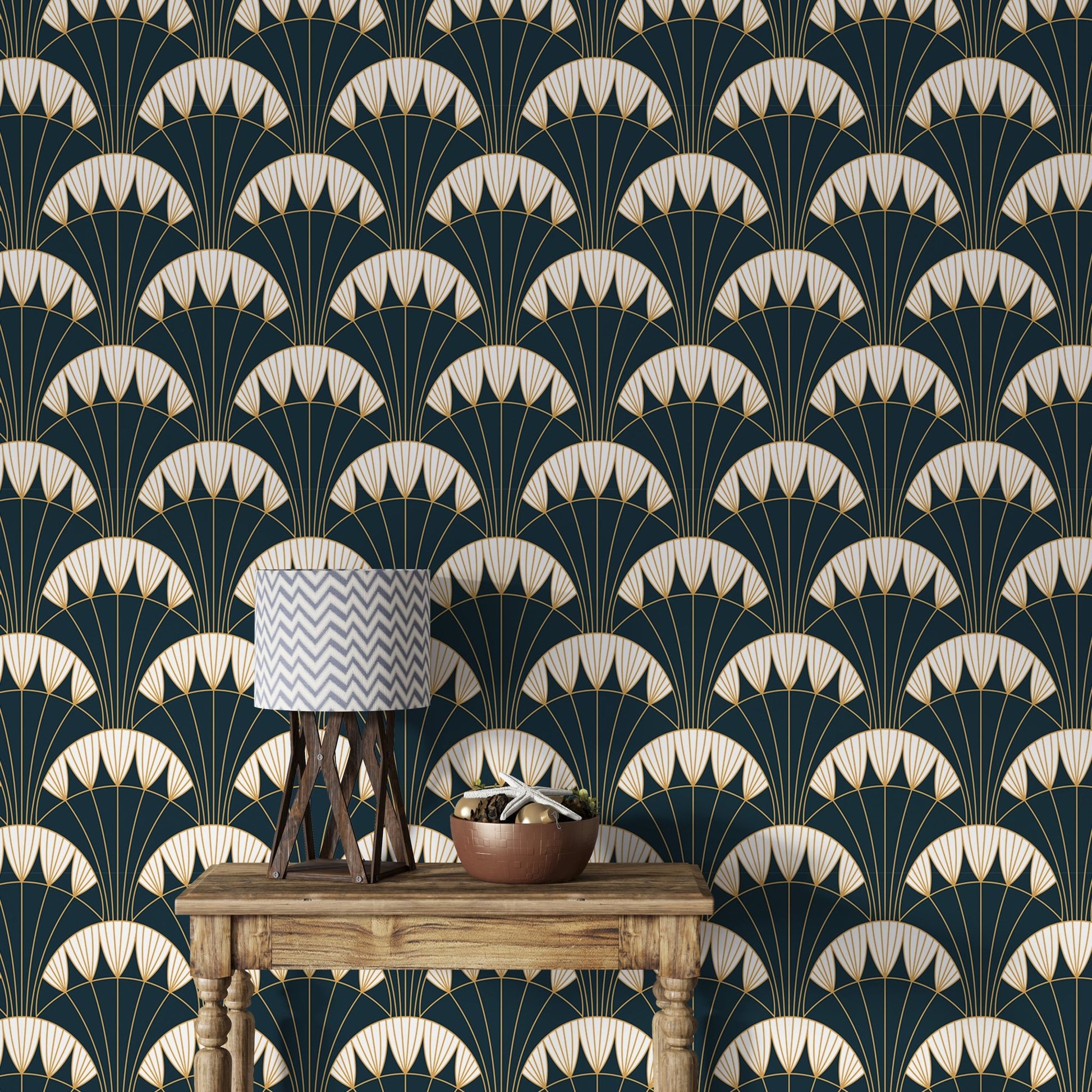 Modern room decor using Art Deco green wallpaper as a focal headboard wall