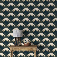 Modern room decor using Art Deco green wallpaper as a focal headboard wall