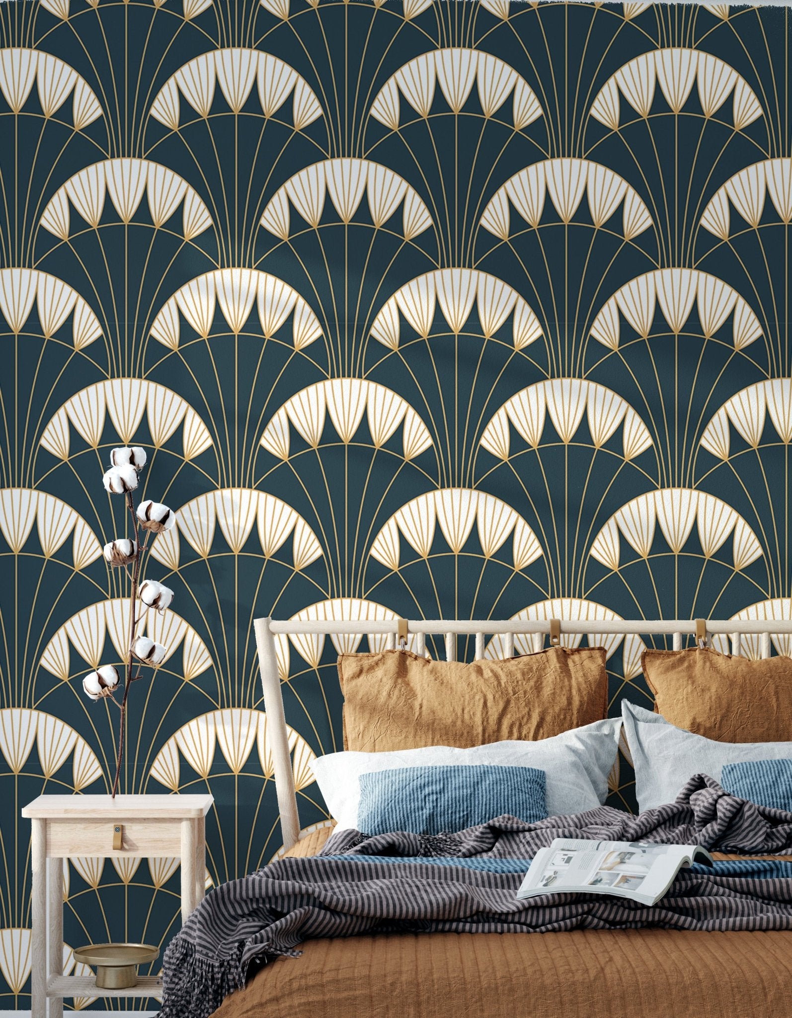 Dark green Art Deco wallpaper with repeating gold motifs in a bedroom