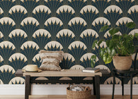 Decorative green background wallpaper with golden Deco lines behind wooden bench.