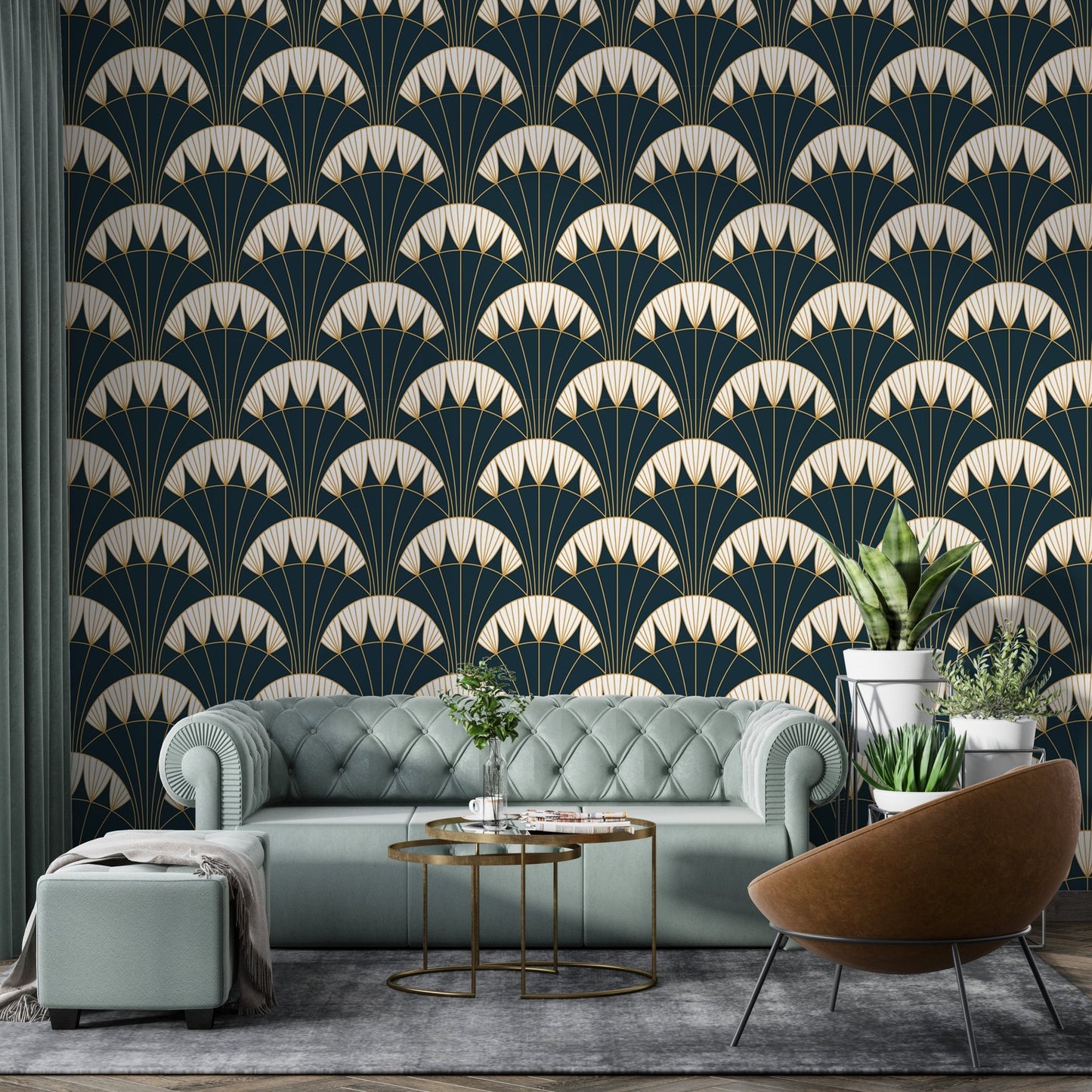 Golden lines in Art Deco style on green wallpaper in modern living room.