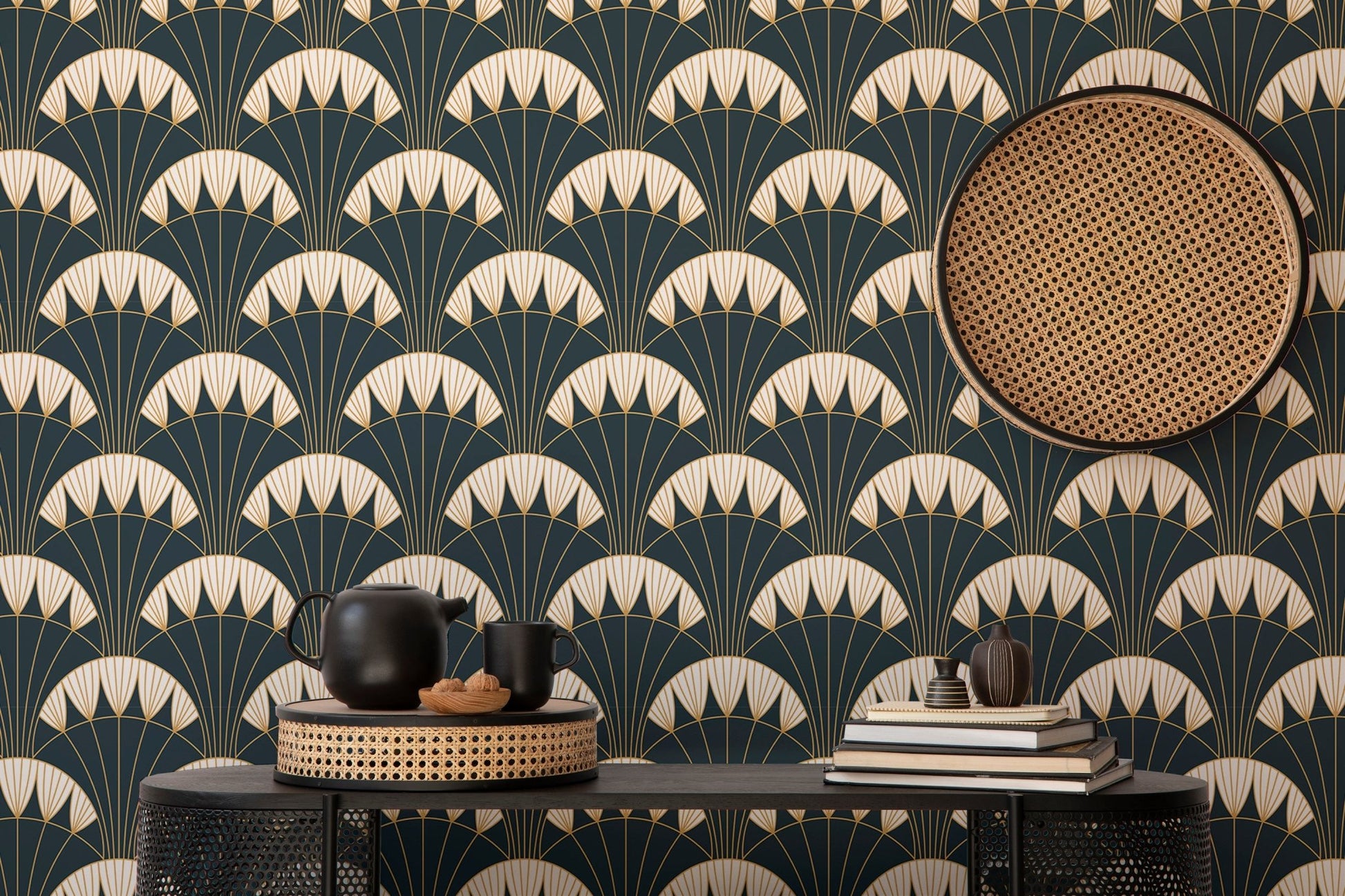 Luxurious green wallpaper with golden Deco patterns in reading area.