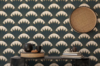 Luxurious green wallpaper with golden Deco patterns in reading area.