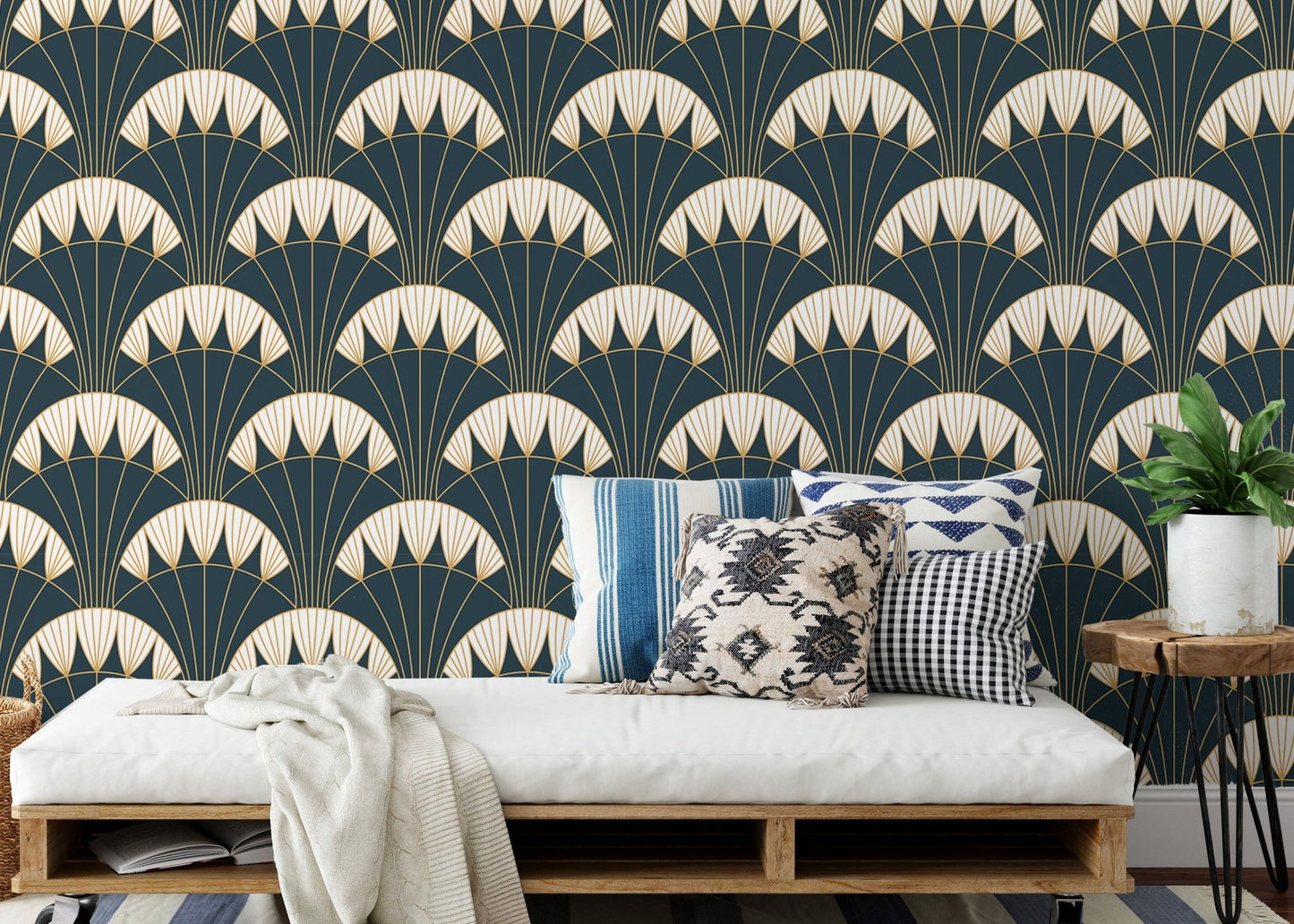 Feature wallpaper with geometric golden lines behind a light grey sofa