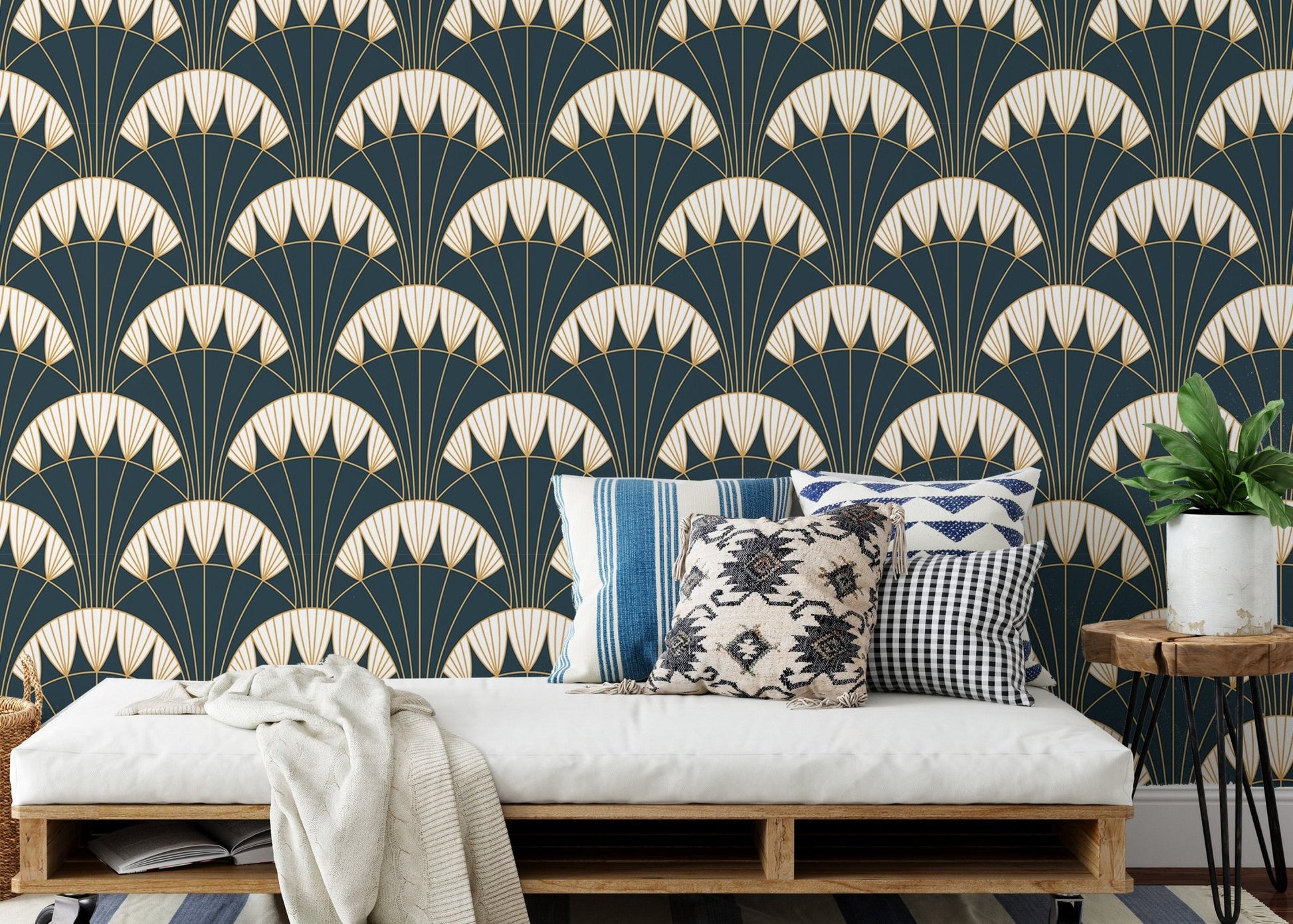 Feature wallpaper with geometric golden lines behind a light grey sofa