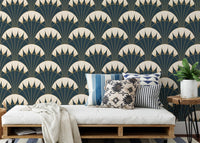 Feature wallpaper with geometric golden lines behind a light grey sofa
