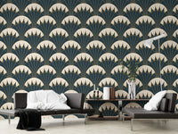Art Deco green wallpaper with golden fan patterns in a modern living room