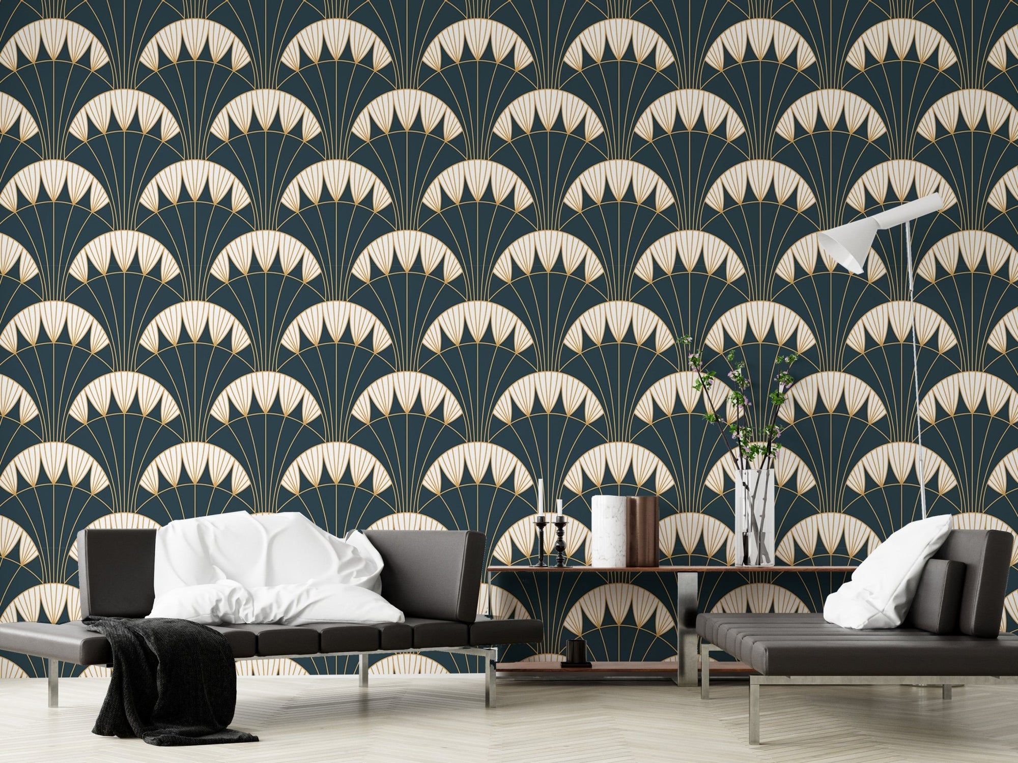 Art Deco green wallpaper with golden fan patterns in a modern living room