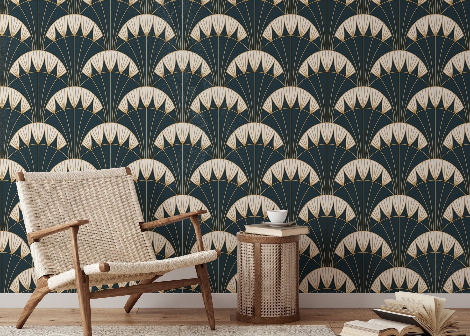 Green and gold Art Deco wallpaper for reading area interiors.