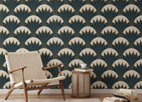 Green and gold Art Deco wallpaper for reading area interiors.