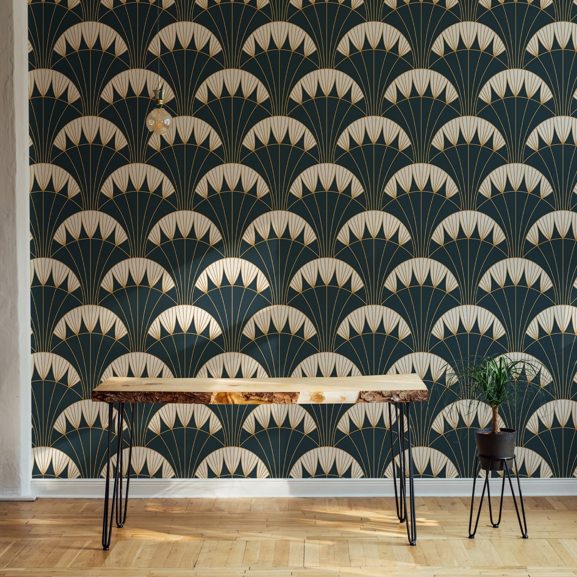 Bold green and gold Deco wallpaper for modern room decor.